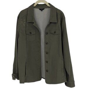 Haggar Moss Green Cotton Buttoned Jacket  w/floral embroidery sz 16